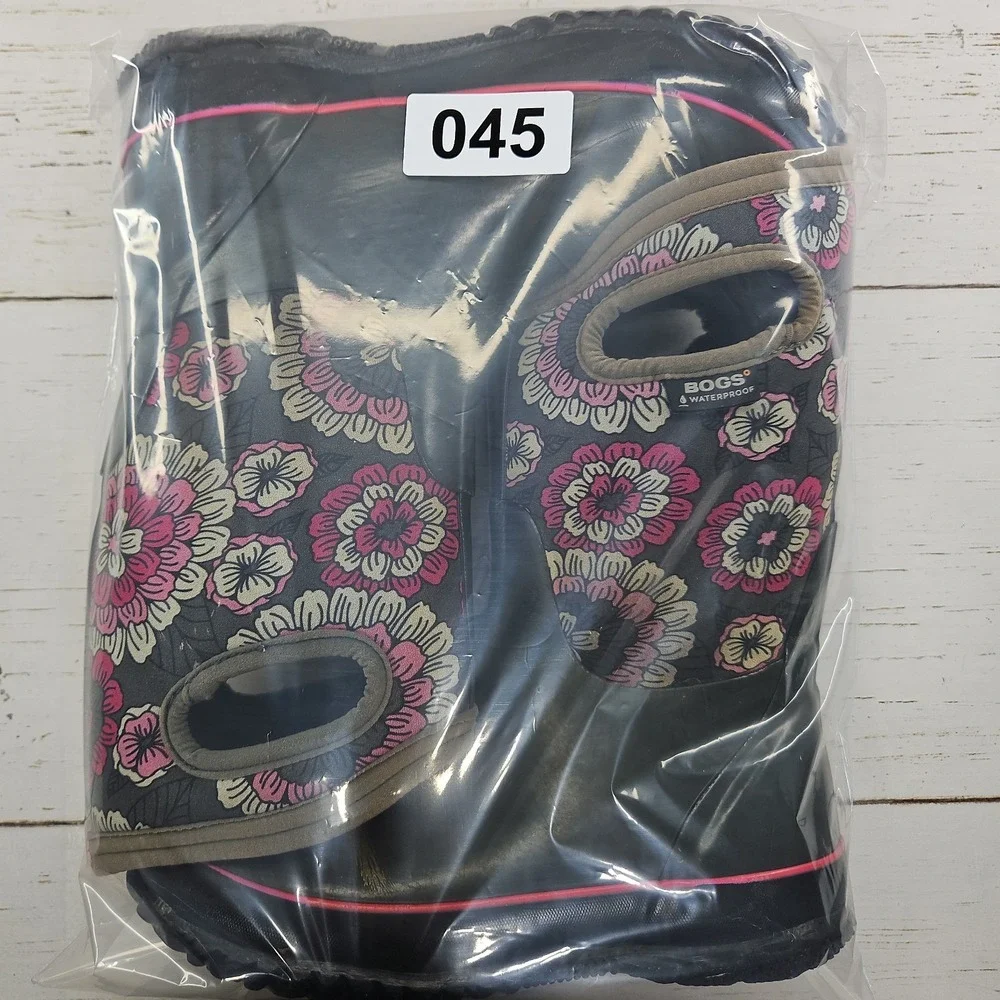 Bogs Boots Youth Size 3 Gray Pink Pansies Pull On Winter Rain Waterproof 72158
